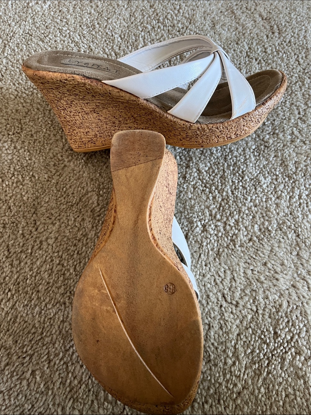 Joy & Peace White Cork Wedge Slide Sandals
